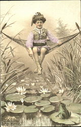 Child Teasing Frog on Lilypad Frogs Postcard Postcard