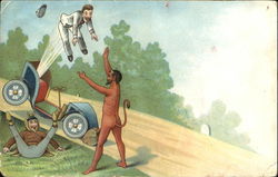 Man flying from a car wreck while the devil looks on Postcard