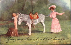 Woman in a pink dress holding the tail of a donkey, while a naked child angel whispers in the donkey's ear Donkeys Postcard Postcard