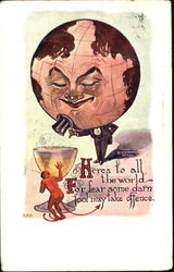 Man in tuxedo and head of the globe looking down at a cup with the devil hiding behind it Devils Postcard Postcard