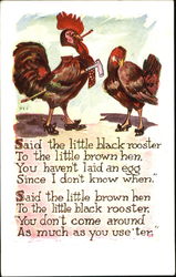 Red rooster with a cane and hen giving him a suspicious look Comic, Funny Postcard Postcard