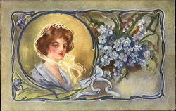 Pretty woman with blue flowers Postcard