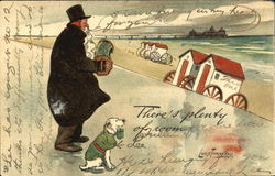 Man playing accordian on beach with dog Lance Thackeray Postcard Postcard