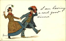 A man and woman walking hand in hand into the wind Lance Thackeray Postcard Postcard