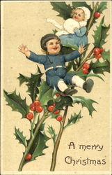 boy and girl sitting on holly branches Postcard