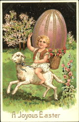 Vintage Easter postcard showing a little girl riding a lamb circa 1909 With Lambs Postcard Postcard