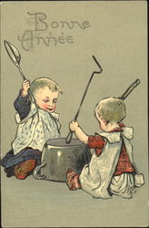 Two Children Playing with Pots Postcard Postcard