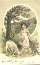 Walking child with a friend sheep With Children Postcard Postcard