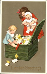 Children and baby chicks playing With Children Postcard Postcard