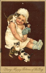 Little girl and three kittens Girls Postcard Postcard