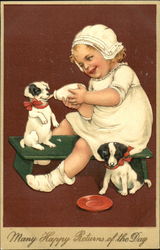 Little girl bottle-feeding a puppy Postcard