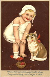 Girl with White and Brown Cat Postcard