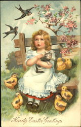 A little girl sitting on a bench carry with cute kitten and six chicks With Children Postcard Postcard