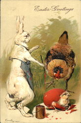 A rabbit and a hen watching a chick hatch With Bunnies Postcard Postcard