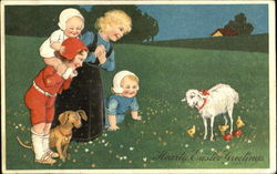 Children with dog, lamb and chicks With Children Postcard Postcard