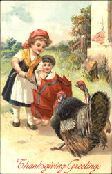 Thanksgiving Children with Turkeys Postcard