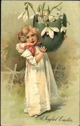 Girl carrying a pot of flowers With Children Postcard Postcard