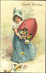 young girl holding a large cracked egg filled with flowers With Children Postcard Postcard