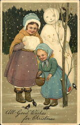 Girls in Snow with Snowman Postcard