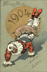 Pig sitting on a clown 1904 New Year's Postcard Postcard