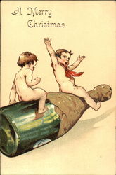 Two Nude Children on a Wine Bottle Postcard