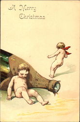 Two little boys and a bottle of wine Postcard