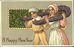 young man and woman with a flower wreath New Year's Postcard Postcard