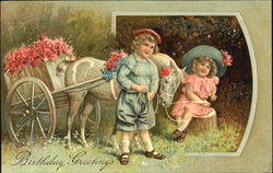 Two kids with Horse pulling Cart Children Postcard Postcard