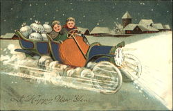 Two children in an old car with Money New Year's Postcard Postcard