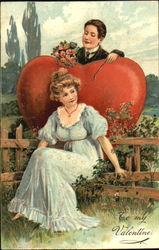 Man and woman with red heart and flowers Postcard