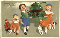 Three children and three puppies Postcard