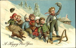 Children sledding down a hill New Year's Postcard Postcard