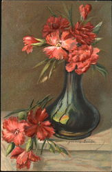 Watercolor Red Carnations in a Green Glass Vase Postcard