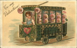 Girl in a streetcar full of pink flowers Children Postcard Postcard