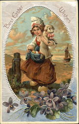 Child with a lamb and Easter eggs With Children Postcard Postcard