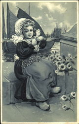 Girl with flowers sitting on a dock Postcard