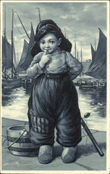 Child in Fisherman Gear by Harbor Postcard