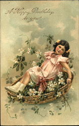 Girl in a basket of flowers Birthday Postcard Postcard