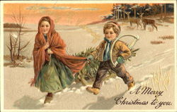 Young girl and boy walking in the snow Postcard