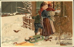 Children peeking through a window in the snow Postcard