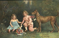 Two Children with Dog Receiving Flowers Postcard