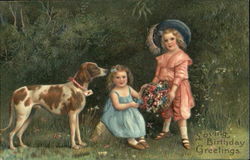 Girls in the woods with a dog and flowers Postcard