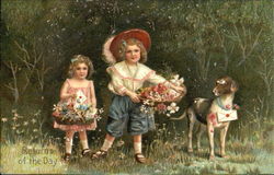 Two children with a dog carrying Easter baskets Postcard