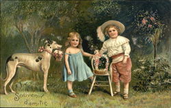 Two children with their Easter baskets Postcard