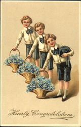 Boys with baskets of blue flowers Postcard Postcard