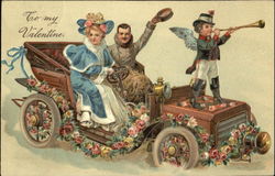 Man and woman in an old car covered with flowers Postcard