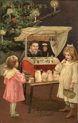 Christmas Vendor with Small Girls Eyeing Wares Postcard