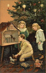 Three Children Playing on Christmas Postcard