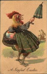 Mother hen with easter eggs in her basket chasing away a bunny Postcard