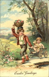 Two Boys pulling cart With Children Postcard Postcard